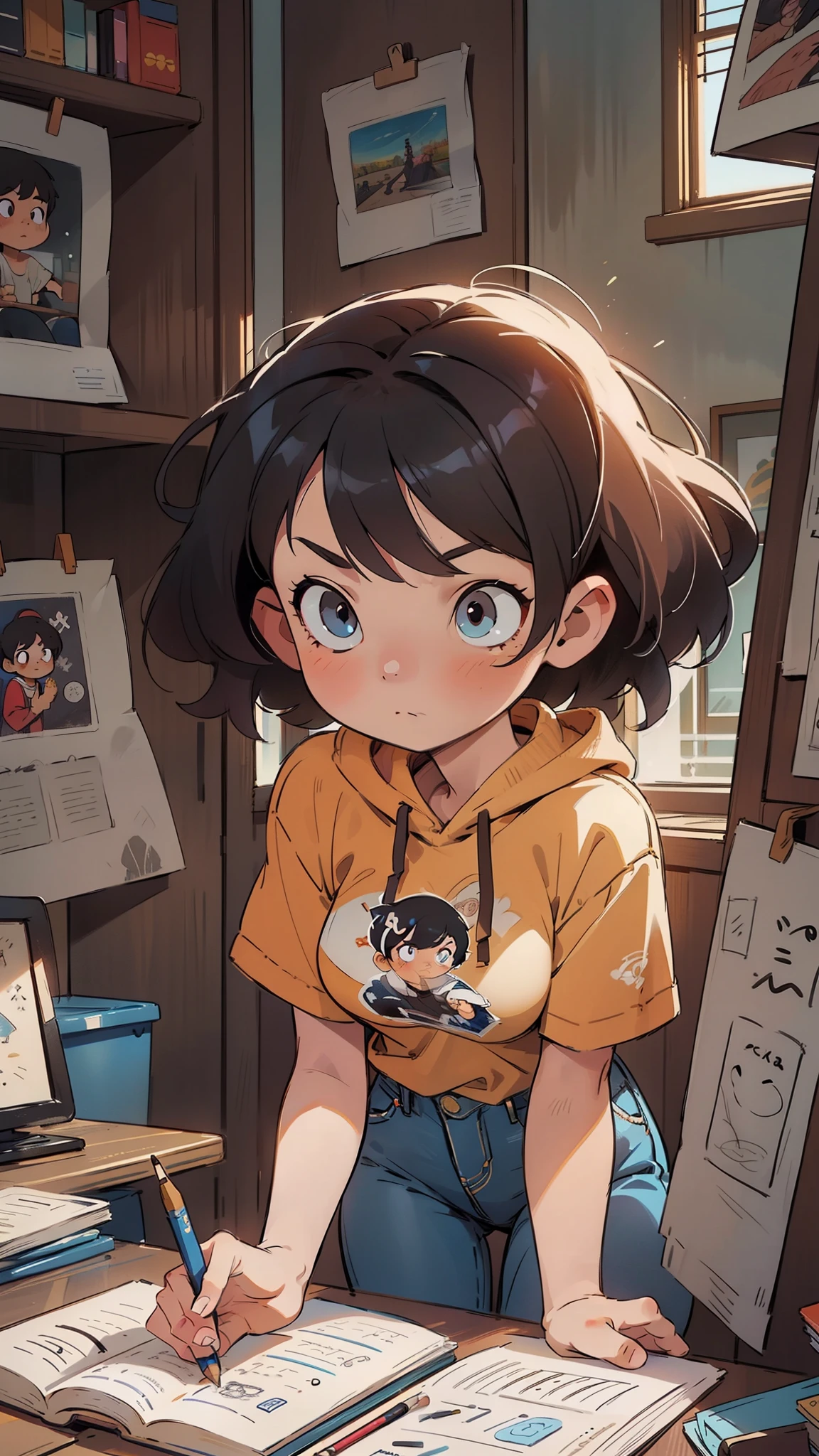 masterpiece, best quality, high detailed, concept art, (anime:0.55), (nsfw:0.25), sitting in chair, wolf cut hair style, short black hair, pretty eyes, plain clothes, normal clothing, cowboy shot, pretty, very pretty, beautiful lighting, pretty girl, big breasts, thick thighs, tiny waist, white, asian, Caucasian, light skin, deep in thought, dynamic angle, perspective, head down in thought, focusing on drawing, pants, jeans, shirt, hoodie, holding pencil, looking down, artist, artist drawing, drawing artist, artist girl drawing something, looking down into lap, holding journal in hand looking down and drawing in it