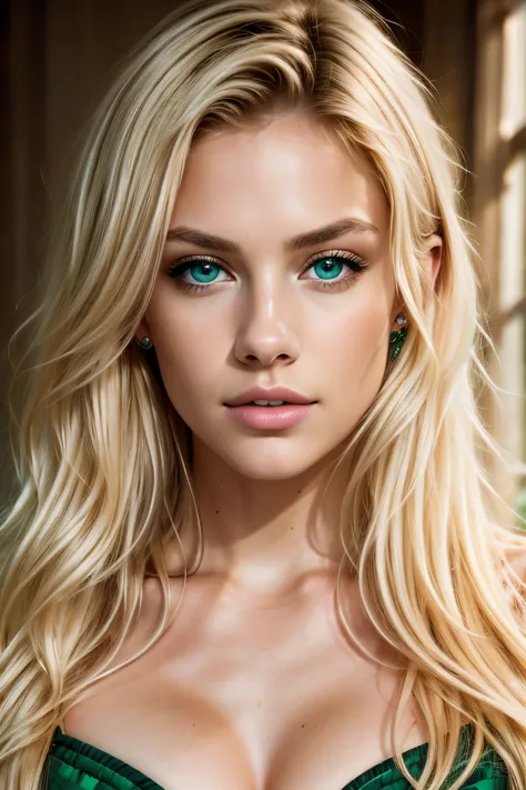 highest quality, masterpiece, 8K, photorealistic, (Editorial photo of blonde 21-year-old woman), (highly detailed face), (emeral...