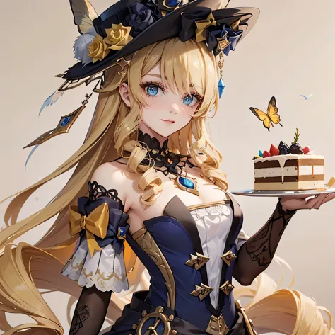  The girl has beautifully detailed eyes and a kind smile on her face... The girl holds a plate with cake in her hand..........bu...