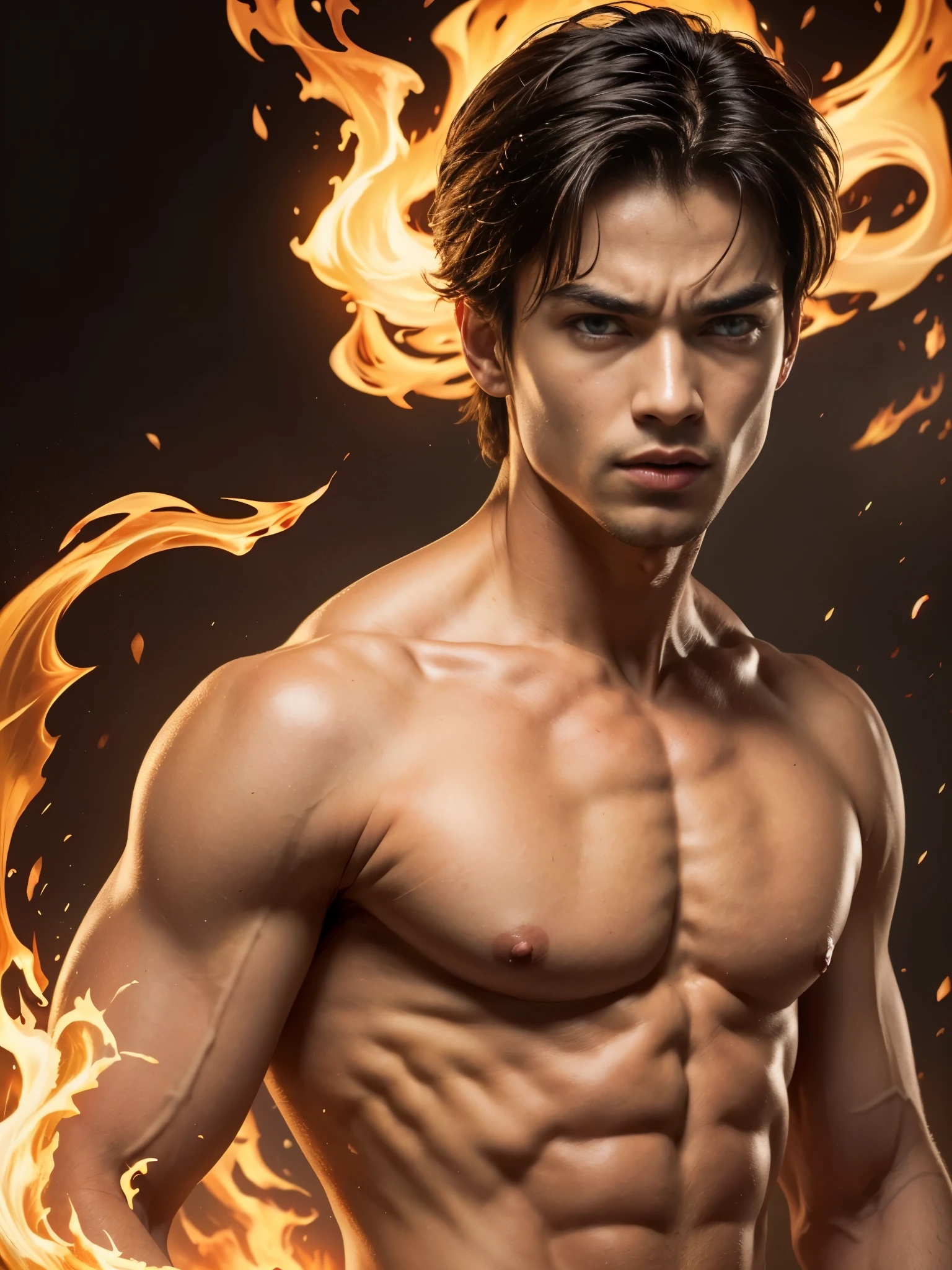 Photorealistic, masculine handsome male model, masculine Asian mix guy, mixed race, (angry:1.3), (young, 16 years old:1.5), ((best quality)), ((masterpiece)), (detailed), (barechested:1.4). Portrait of young Prince Zuko from "Avatar: The Last Airbender". portrait him with a strong square jawline, gaunt cheeks, and skinny face, shirtless, with attention to detail on his red burn scar on his eye, (yellow pupil eyes:1.4), (messy dark hair), he is a pyromancer, fire bender.
