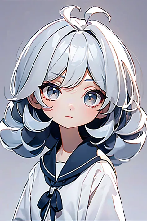 Chibi character depicted in full-length illustration showing glossy silver short hair with pronounced ahoge, bangs lay softly be...