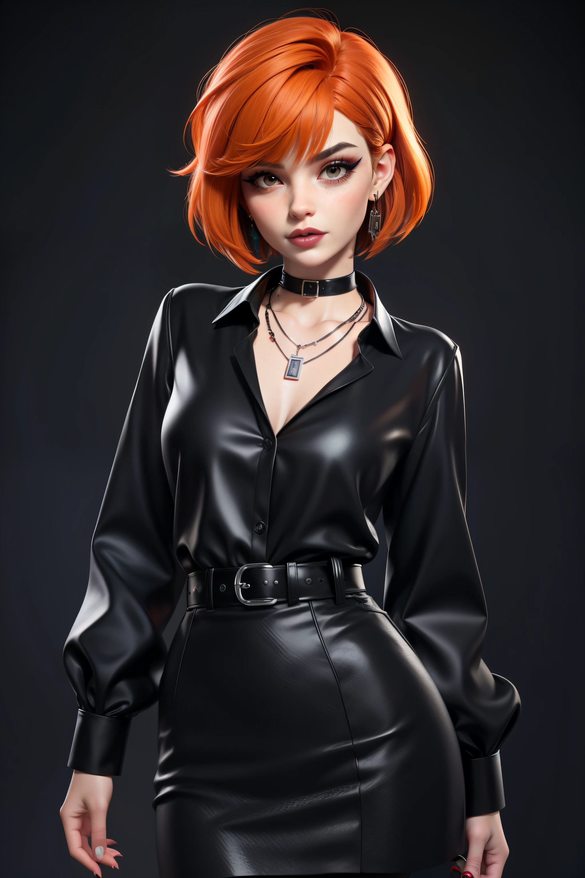 masterpiece, Best Quality,3d rendering work ,3DMM style, Professional Photography, 3D,1 girl, Alone, multicolor fur, Orange hair, black fur, collar, parts, jewelry, two tone hair, looking to the side, lustful look, realist, Whole body, simple background, hits, looking away, short hair, parted Lips, black eyes, Lips, Gothic, choker, make up, mole, black shirt, shirt, watermark, fashion dress, post punk, dark wave