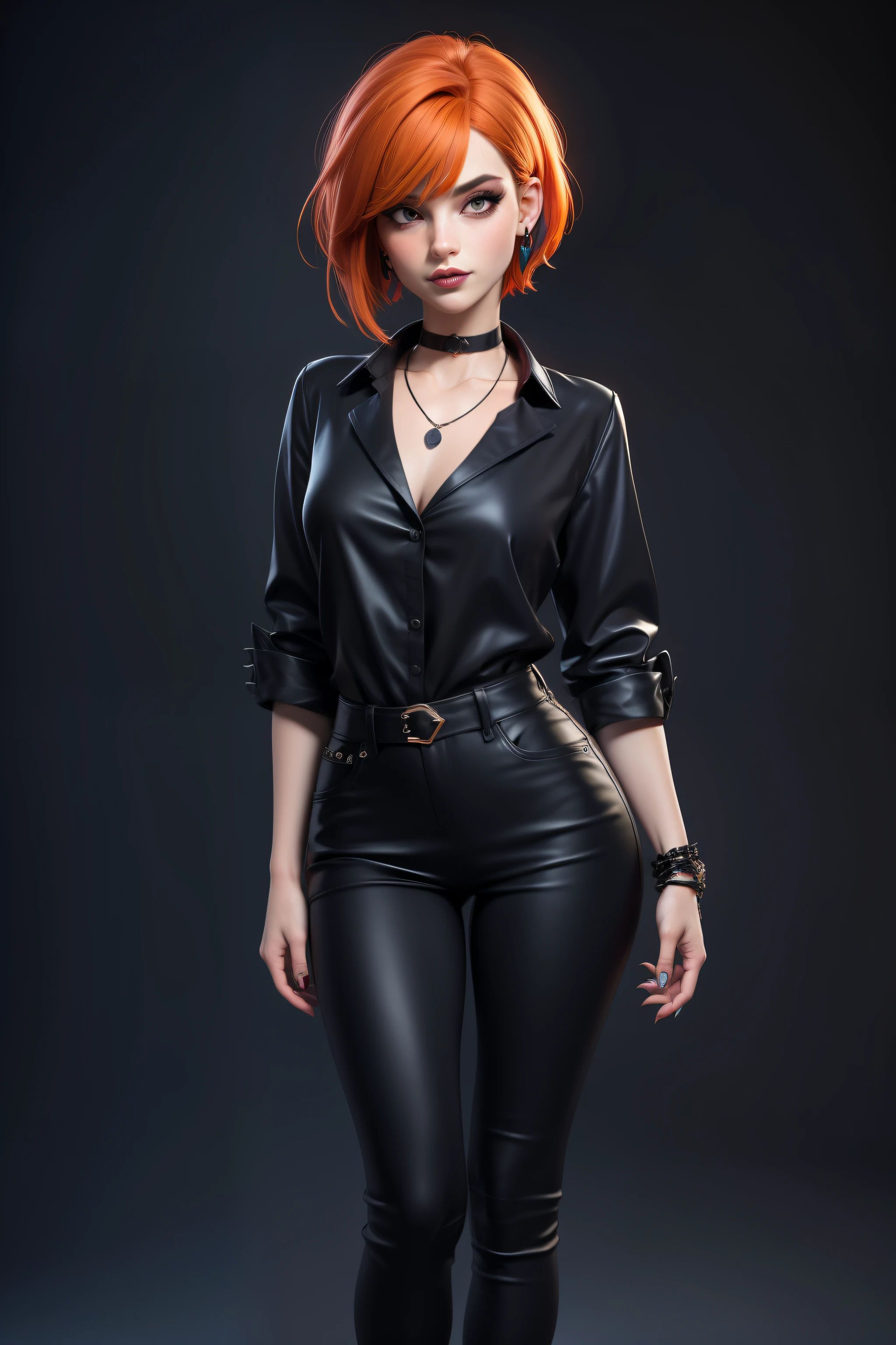 masterpiece, Best Quality,3d rendering work ,3DMM style, Professional Photography, 3D,1 girl, Alone, multicolor fur, Orange hair, black fur, collar, parts, jewelry, two tone hair, looking to the side, lustful look, realist, Whole body, simple background, hits, looking away, short hair, parted Lips, black eyes, Lips, Gothic, choker, make up, mole, black shirt, shirt, watermark, fashion dress, post punk, dark wave