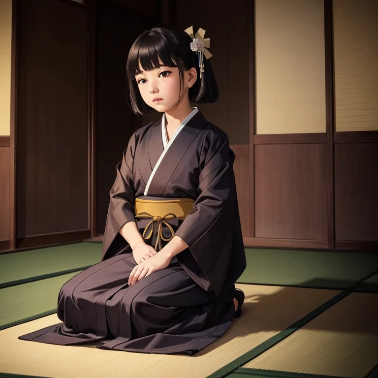 (masterpiece, highest quality, photogenuineistic, genuine, indoor, night), 1 girl, dark,front , seiza, teahouse, sitting,(((Zashiki Warashi)))、((baby girl)),(seizaしたfrontを向いた姿の全体像),(３old girl ）,(wearing an old plain kimono）,((全体的にdark古びた日本家屋の座敷で光が無い部屋))、((face、体はfrontを向いる))、((真faceで))、((Hair is chopped))