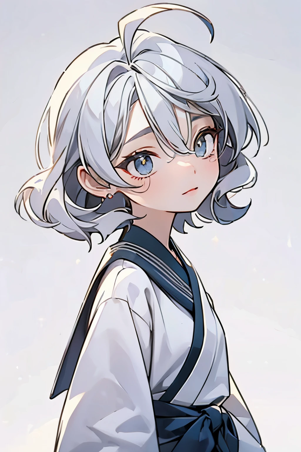 Chibi character depicted in full-length illustration showing glossy silver short hair with pronounced ahoge, bangs lay softly between eyes of bright silver hue, detailed eyes and facial features, dressed in Japanese school uniform on minimalist background, digital painting, hair details emphasized, definition of small figure with fine contours, simple background provides focus on the character, shiny hair texture catches the light, ultra fine detailing of eyes and expression, golden ratio composition, captivating