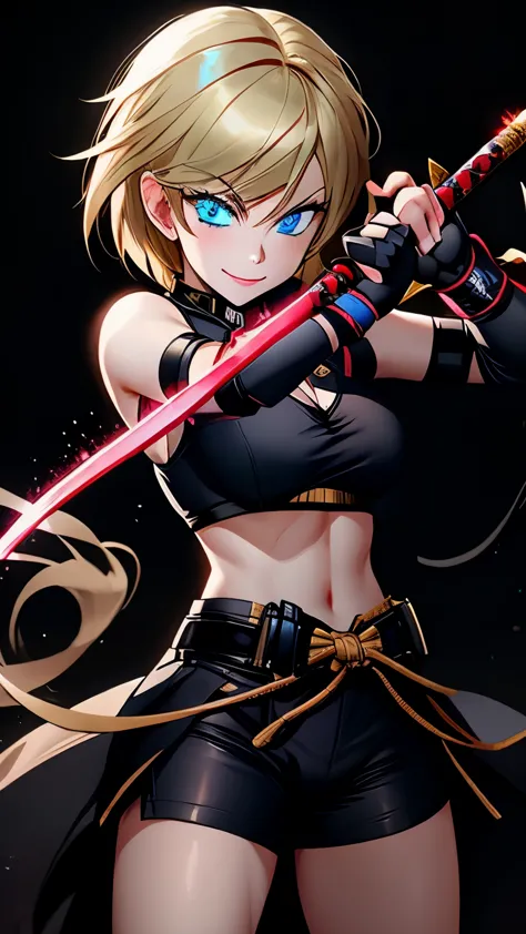 girl holding a katana, bigger katana, perfect smile, fighting pose, skimpy , perfect hands, fingerless gloves, perfect fingers, ...