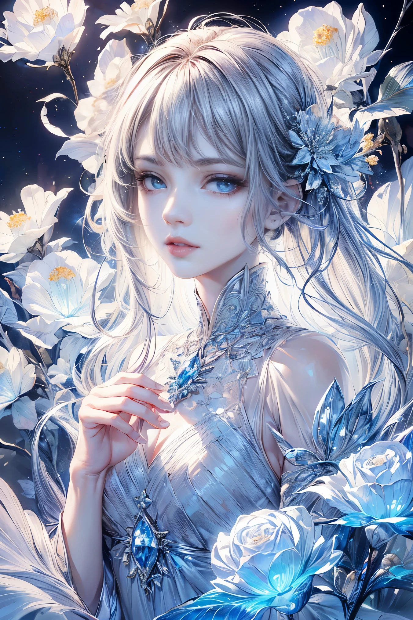 (best quality, 8k, CG, beautiful and detailed upper body, Lonely, thumb girl, transparent coat dress, flower background, complex facial features, length, floating hair, almond eye, exquisite eye makeup, length eyelashes fluttering, blink big eyes, starry sky, delicate lip details, soft and harmonious style)