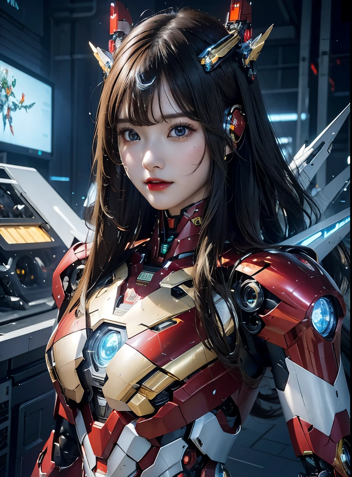  Super détaillé, détails avancés, Haute qualité, 最Haute qualité, haute résolution, 1080P, disque dur, Beau,(la femme de fer),Beauサイボーグの女性,Mecha Cyborg Fille,mode de combat,Fille au corps Mecha,Elle&#39;il porte un mecha Iron Man,Vue complète du corps de face