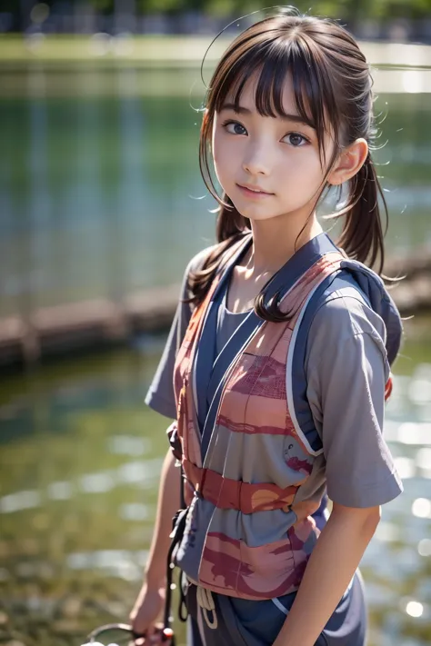 Best image quality, focus, soft light, 15 years old, ((fishing, Japanese)), (sleeveless), (((front, young face))), (depth of fie...