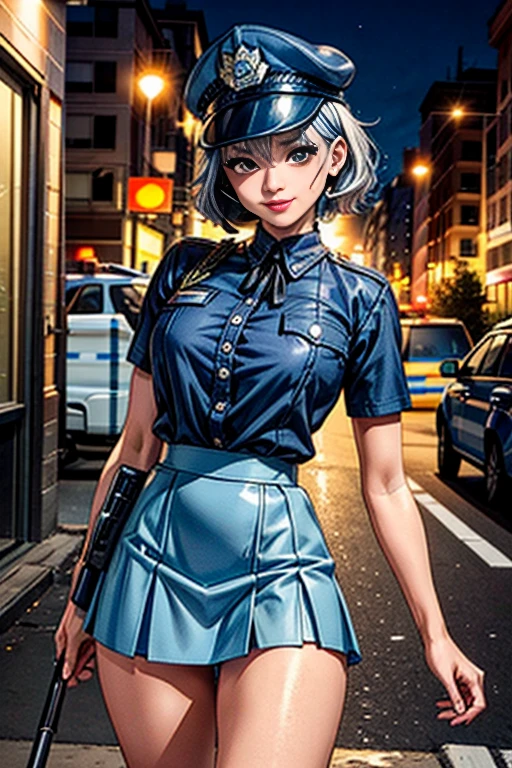 Photo Quality, (Best Picture Quality:1.6), HDR,Realistic,Dense,High Resolution,night scene, 1Woman,fully clothed, Wearing headset, Ebony Skin,Smiling,Solo,Thick Lips,Pink Lipstick,Long Eyelashes,Pink Eyeshadow,Golden Ratio Body,High Waist,((Long Legs:1.(2))),F-Cup Bust,Slim waist,wide hips,big ass,(narrow face),jewelry,miscellaneous,((police uniform,police cap,short blue skirt:1.3)),silver hair,curly hair,short hair, Standing on street, moonlight, dynamic pose, ((cowboy shot:1.1))