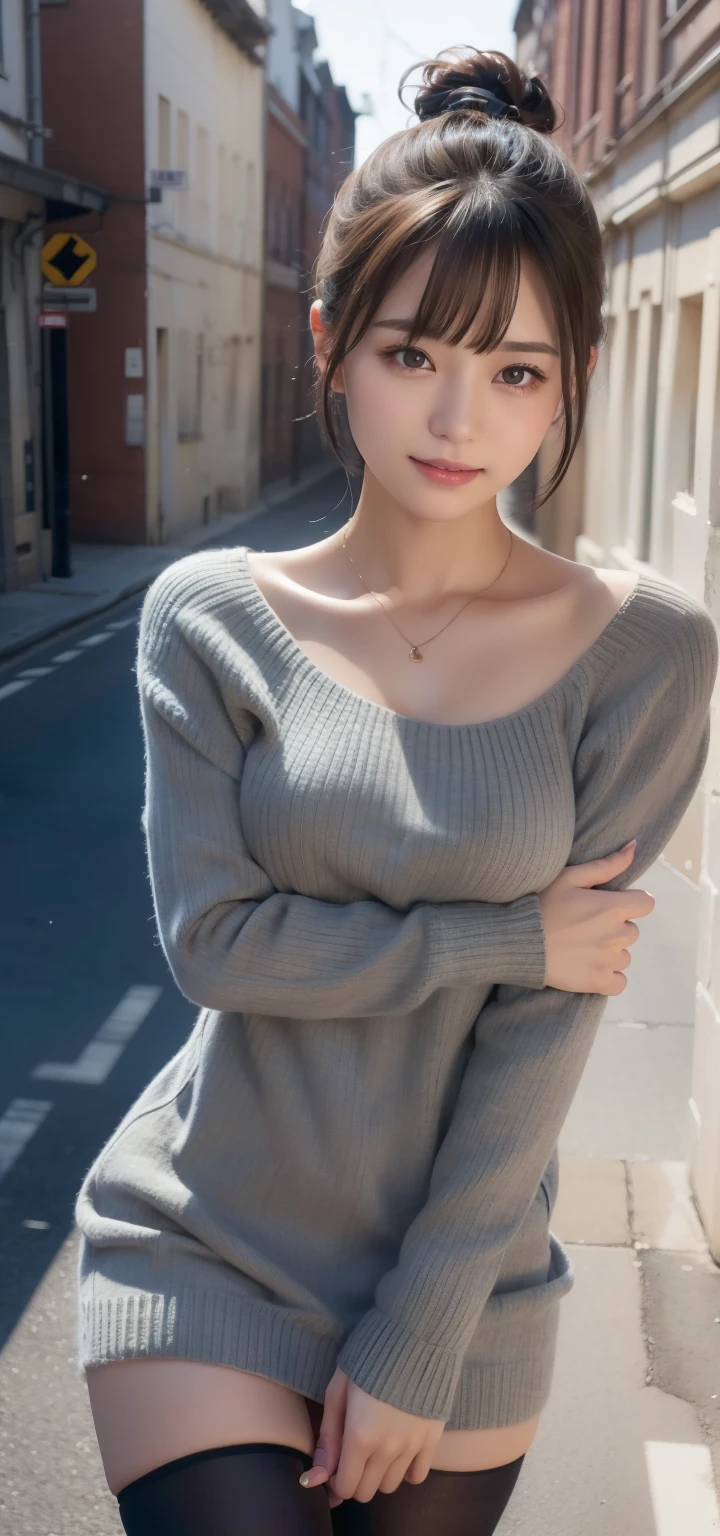 18-year-old 、in the street、T、(Gray knitted dress and black stockings:1.3)、black long boots、expression of temptation:1.3、big breasts、gal、White gal、medium breasts、Random seductive poses、((fascinating look:1.1))((Ecchi smile))((Ponytail at high、short hair))face is neat、detailed face、beautiful face、tie hair、light brown eyes、1 girl、innocence、(Photoreal)、(intricate details:1.2)、(masterpiece、:1.3)、(highest quality:1.4)、(超A high resolution:1.2)、超A high resolution、(detailed eye)、(Features of Detailed face)、nffsw、8K resolution