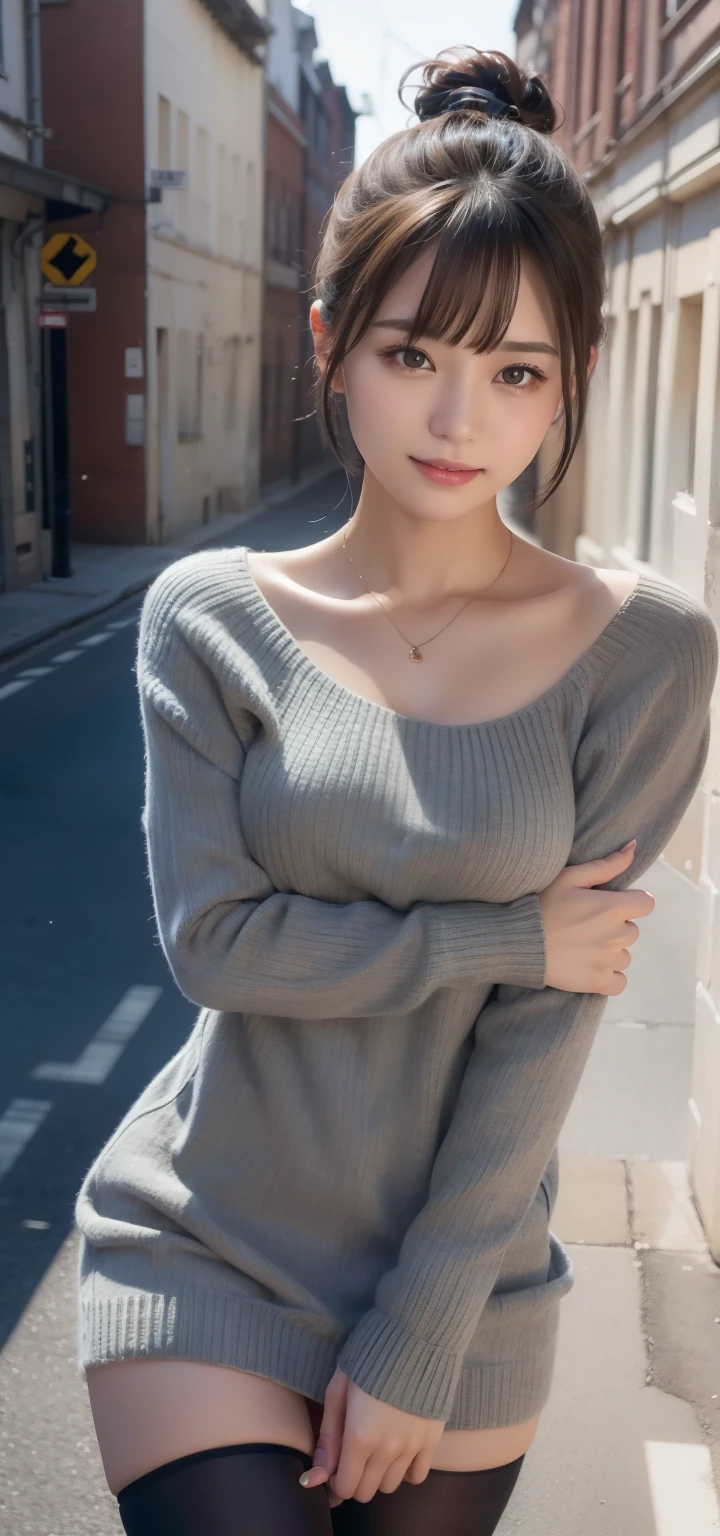 18-year-old 、in the street、T、(Gray knitted dress and black stockings:1.3)、black long boots、expression of temptation:1.3、big breasts、gal、白gal、medium breasts、Random seductive poses、((fascinating look:1.1))((Ecchi smile))((Ponytail at high、short hair))face is neat、detailed face、beautiful face、tie hair、light brown eyes、1 girl、innocence、(Photoreal)、(intricate details:1.2)、(masterpiece、:1.3)、(highest quality:1.4)、(超A high resolution:1.2)、超A high resolution、(detailed eye)、(detailed faceの特徴)、nffsw、8K resolution