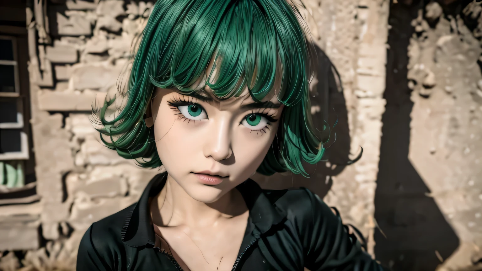 there is eine Frau as tall as  asian girl, Anime-Mädchen im wirklichen Leben, fotorealistisches Anime-Mädchen-Rendering, IG-Modell | artgerm,Tatsumaki aus One Punch Man, grünes Hime-Haar, mit kurzen Haaren, realistischer Kunststil, masayoshi suto and artgerm, 8k, Hochwertiges Bild, Meisterwerk, detaillierte Haarstruktur, detaillierte Hautstruktur, detaillierte Stoffstruktur, 8k, Stoffdetails hinzufügen, ultra detaillierte Hautstruktur, ultradetailliertes Foto, Hautporen, Stoffdetails, hohe Hautdetails, realistische Haardetails, dramatisches Licht, eine Frau, Blick auf die Zuschauer.