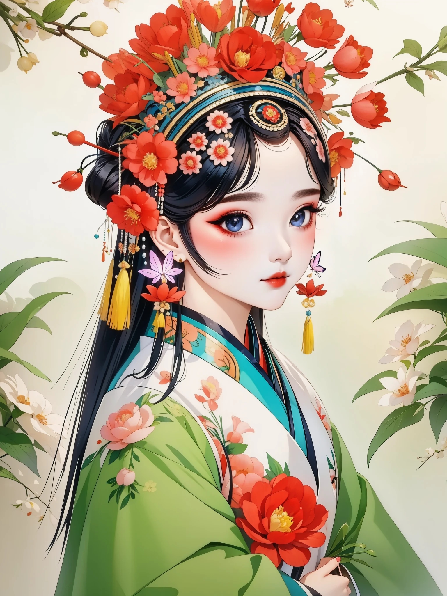(masterpiece, best quality:1.2),Q version：1.37，Circular sticker：1.37. (1 girl, alone，beautiful).（Exquisite facial features，eyelash，blush，long hair，Exquisite makeup），Black long hair，Hanfu，tassel，Butterfly，peony，symmetry，White background，