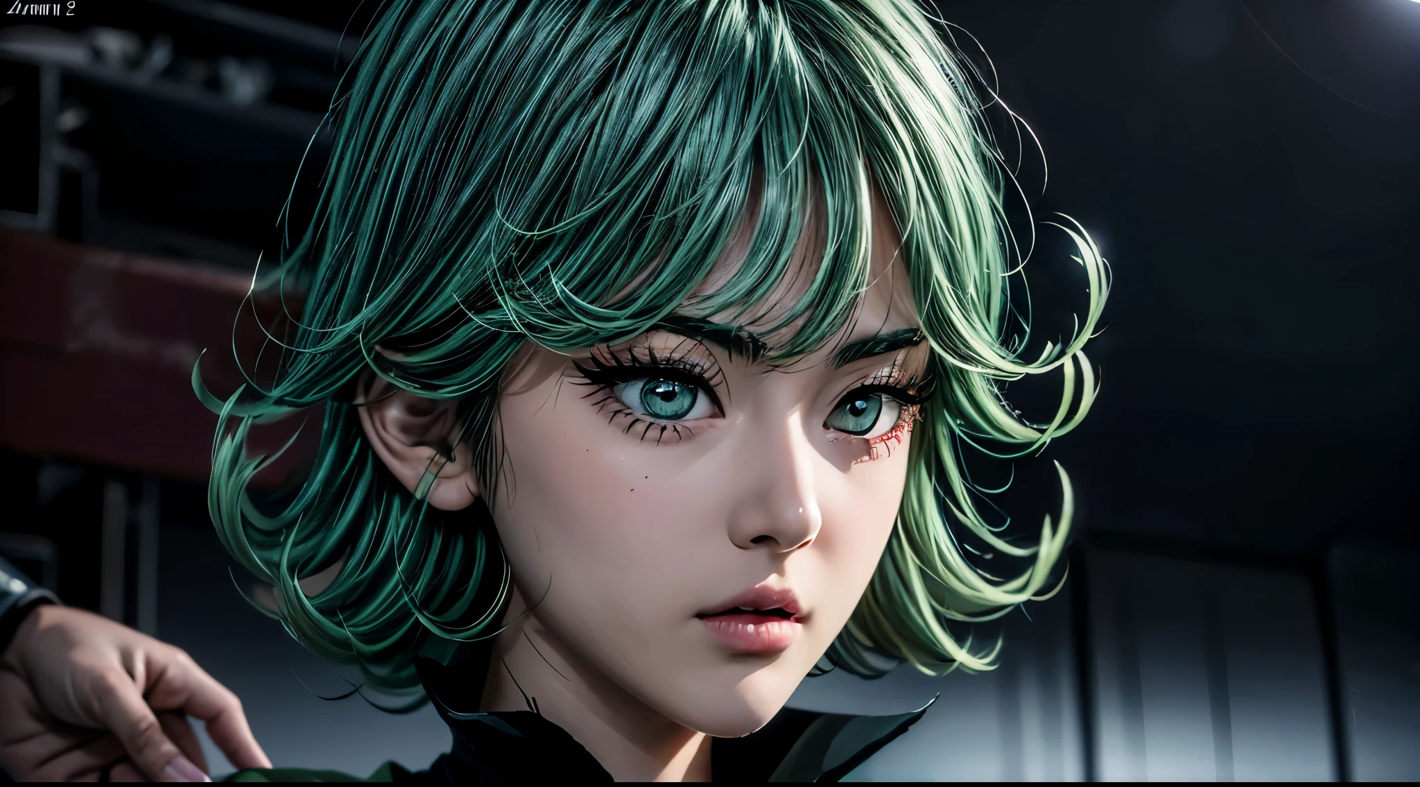 there is a woman as tall as 14 years old asian girl, anime girl in real life, photorealistic anime girl render, ig model | artgerm,Tatsumaki from one punch man, green hime cut hair, with short hair, realistic artstyle, masayoshi suto and artgerm, 8k, High quality image, masterpiece, detailed hair texture, detailed skin texture, detailed cloth texture, 8k, add fabric details, ultra detailed skin texture, ultra detailed photo, skin pores, cloth details, high skin details, realistic hair details, dramatic light, a woman, looking at the viewers.