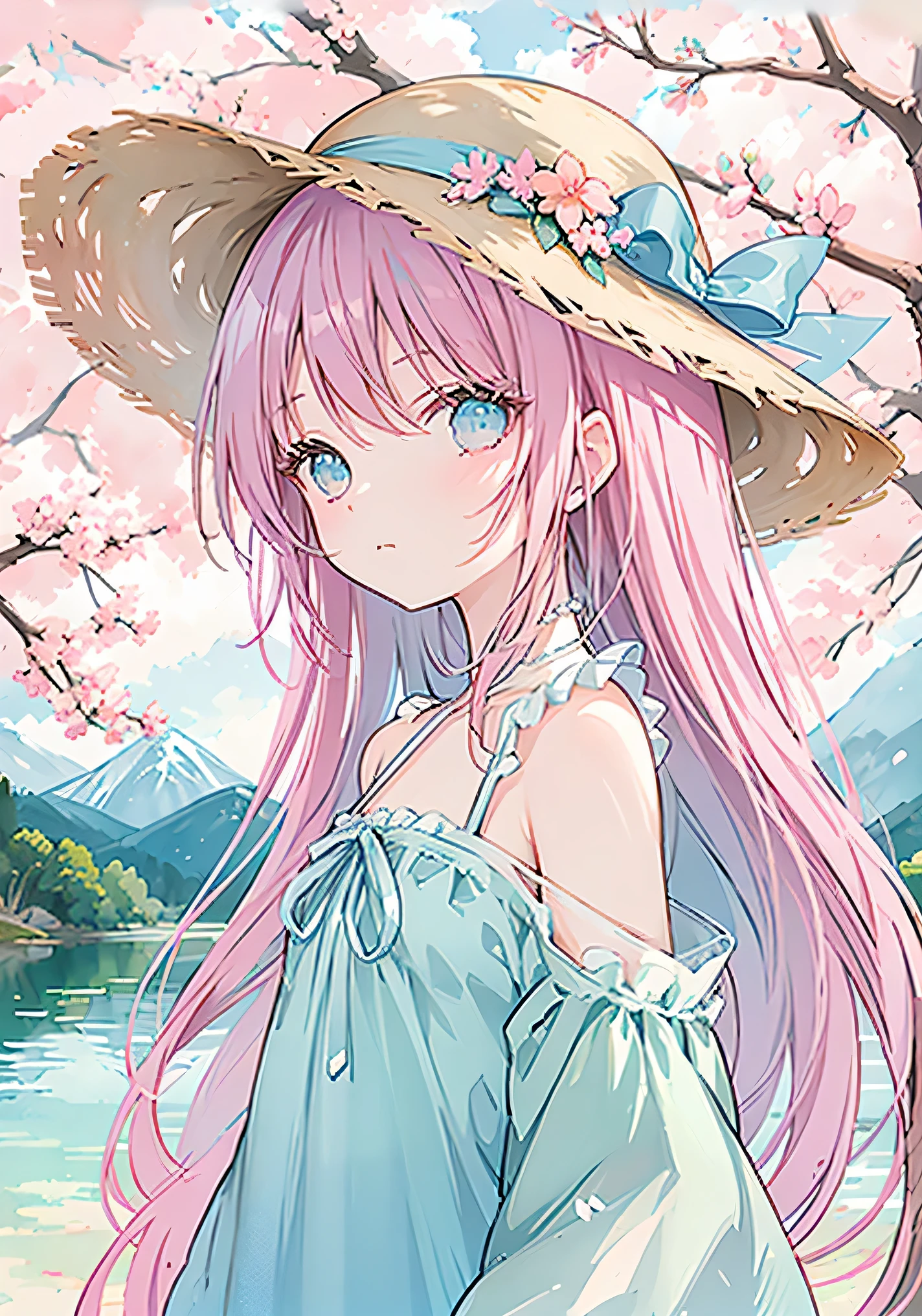 {masterpiece},{best quality},{{illustration}},
(watercolor:1.2),
cute 1girl,straw hat,flowers,
pink hair,blue eyes,very long hair,aqua eyes,flat chest,
closed mouth,faint smile,
(blue dress:1.3),bare shoulders,bow,
upper body,from side,
BREAK
(depth of field:1.4),bare tree,spring,(cherry_blossoms1.4),branch,bare stones,mountains in the distance,lake,cloud,
zentangle background,scenery,pink and blue sky,spring light,