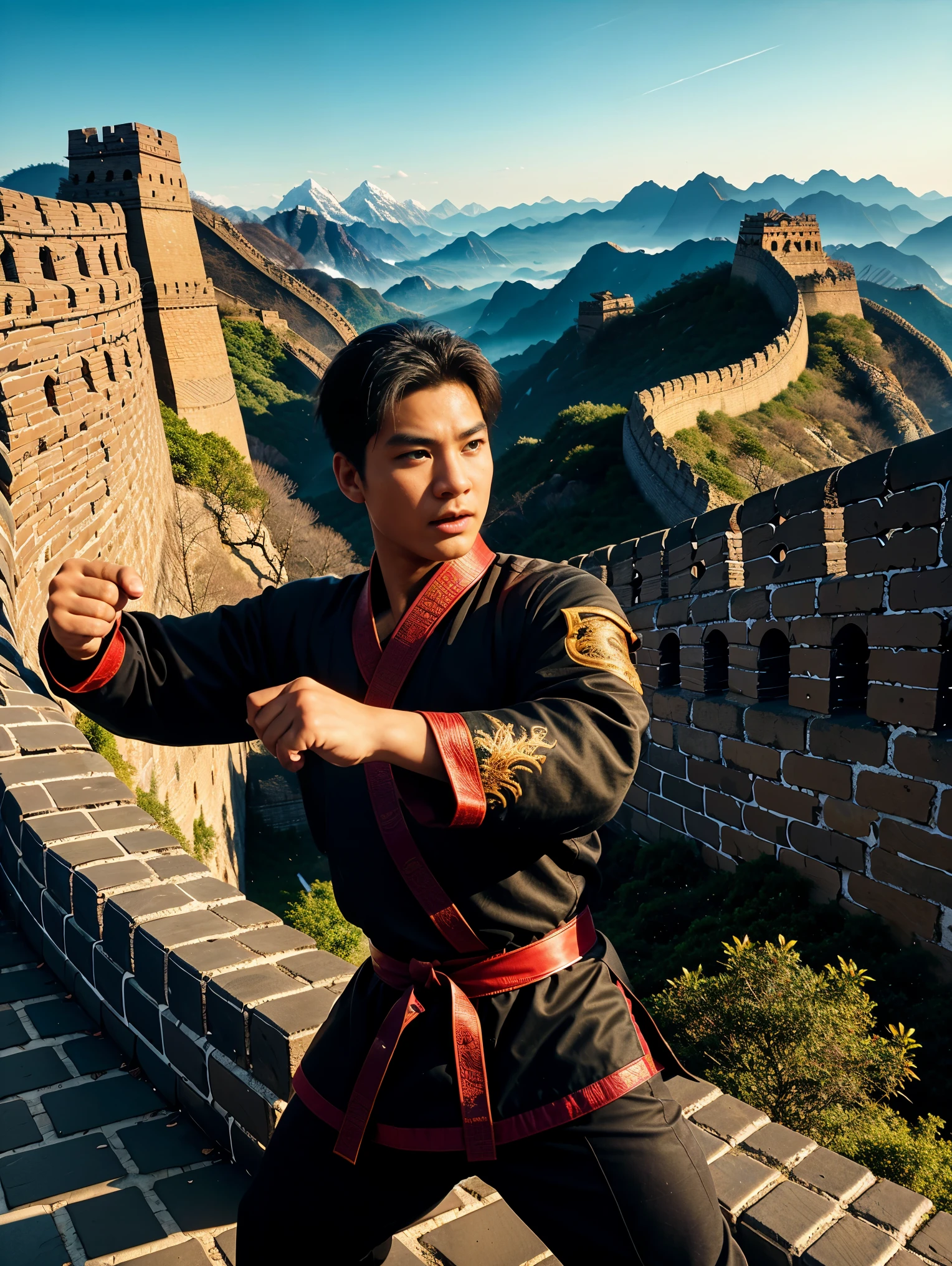 1 boy，Great Wall，martial arts，在一座古老的Great Wall城上的壁画训练，Heroic and heroic，Fists clenched，When preparing to attack，His clothes are full of energy，Decorated with dragon patterns，Symbolizes strength and wisdom。Extraordinarily accurate depiction of the ancient city wall environment，Includes watchtower and craggy stone textures，Surrounded by mountains in the distance，（ultra high definitiotomically correct，masterpiece，precise，best quality，8k), Vector martial arts illustration