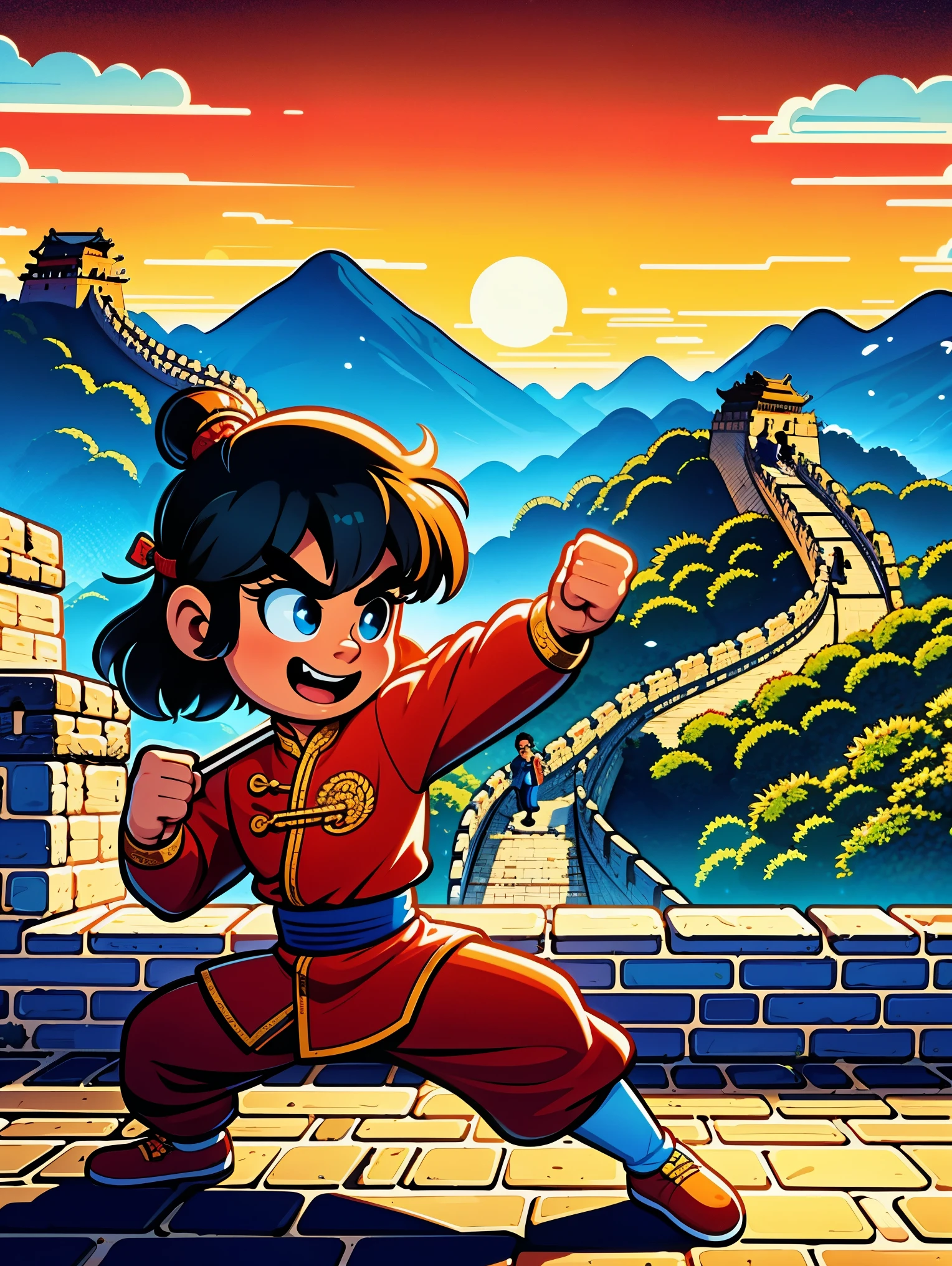 1 boy，Great Wall，martial arts，在一座古老的Great Wall城上的壁画训练，Heroic and heroic，Fists clenched，When preparing to attack，His clothes are full of energy，Decorated with dragon patterns，Symbolizes strength and wisdom。Extraordinarily accurate depiction of the ancient city wall environment，Includes watchtower and craggy stone textures，Surrounded by mountains in the distance，（ultra high definitiotomically correct，masterpiece，precise，best quality，8k), Vector martial arts illustration