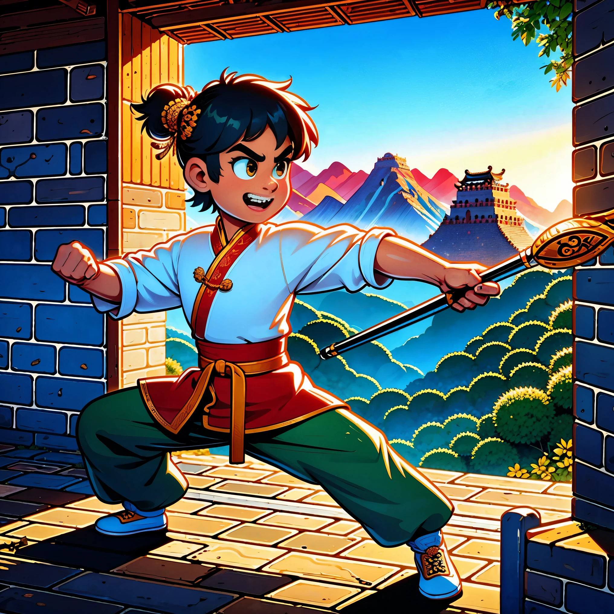 1 boy，Great Wall，martial arts，在一座古老的Great Wall城上的壁画训练，The background is the sunset，Heroic and heroic，Fists clenched，When preparing to attack，His clothes are full of energy，Decorated with dragon patterns，Symbolizes strength and wisdom。Extraordinarily accurate depiction of the ancient city wall environment，Includes watchtower and craggy stone textures，Surrounded by mountains in the distance，（ultra high definitiotomically correct，masterpiece，precise，best quality，8k), Vector martial arts illustration