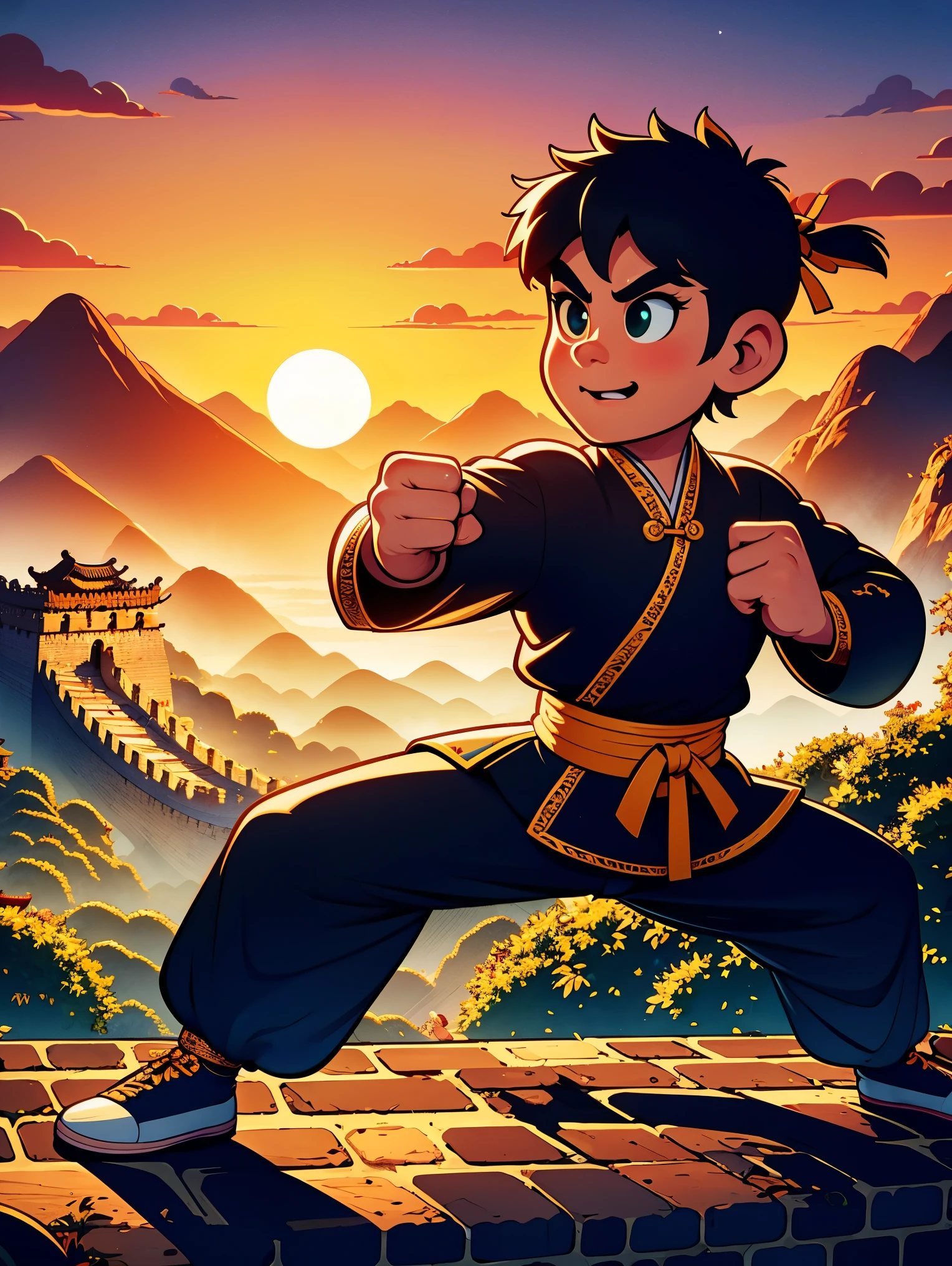 cute cartoon，中国martial arts，Vector illustration，1 boy，Oriental Dragon，Great Wall，martial arts，在一座古老的Great Wall城上的壁画训练，The background is the sunset，Heroic and heroic，Fists clenched，When preparing to attack，His clothes are full of energy，Decorated with dragon patterns，Symbolizes strength and wisdom。Extraordinarily accurate depiction of the ancient city wall environment，Includes watchtower and craggy stone textures，Surrounded by mountains in the distance，（ultra high definitiotomically correct，masterpiece，precise，best quality，8k), Vector martial arts illustration