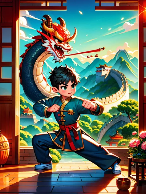 cute cartoon，中国martial arts，vector illustration，1 boy，oriental dragon，great wall，martial arts，在一座古老的great wall城上的壁画训练，the backgr...