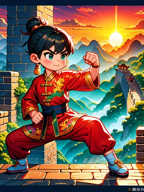 cute cartoon，中国martial arts，Vector illustration，1 boy，Oriental Dragon，Great Wall，martial arts，在一座古老的Great Wall城上的壁画训练，The backgr...