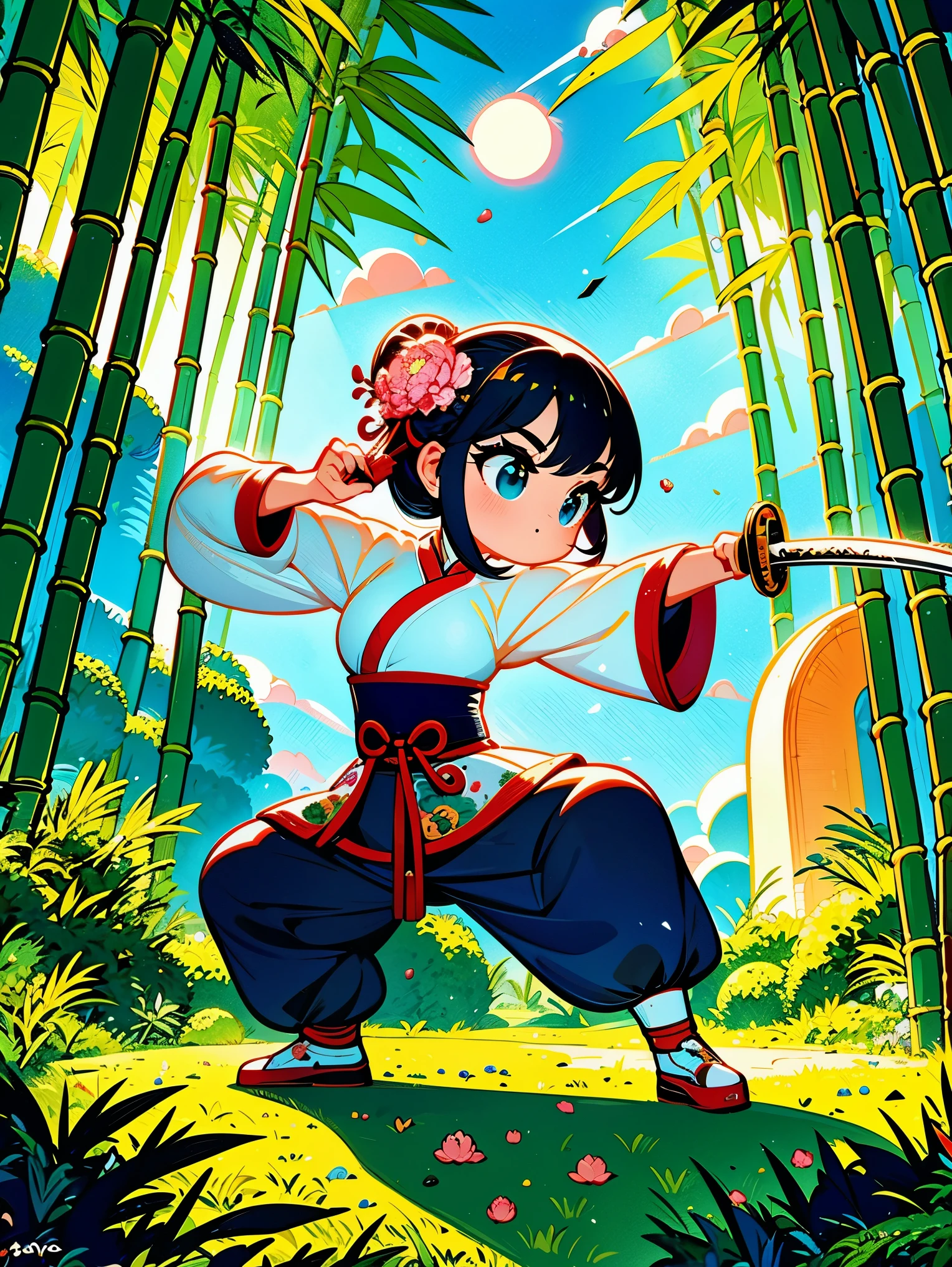 cute cartoon，中国martial arts，vector illustration，1 girl，bamboo forest，martial arts，The posture is full of vitality，Holding a long sword，The costumes are brightly colored，style traditional，Featuring peonies and waves，bamboo forest环境幽静，Lush，tall bamboo stalks，The sun shines dappled sunlight through the leaves，open space，driving range，(UHD, anatomically correct, masterpiece, ccurate, best quality, 8k), Vector martial arts illustration