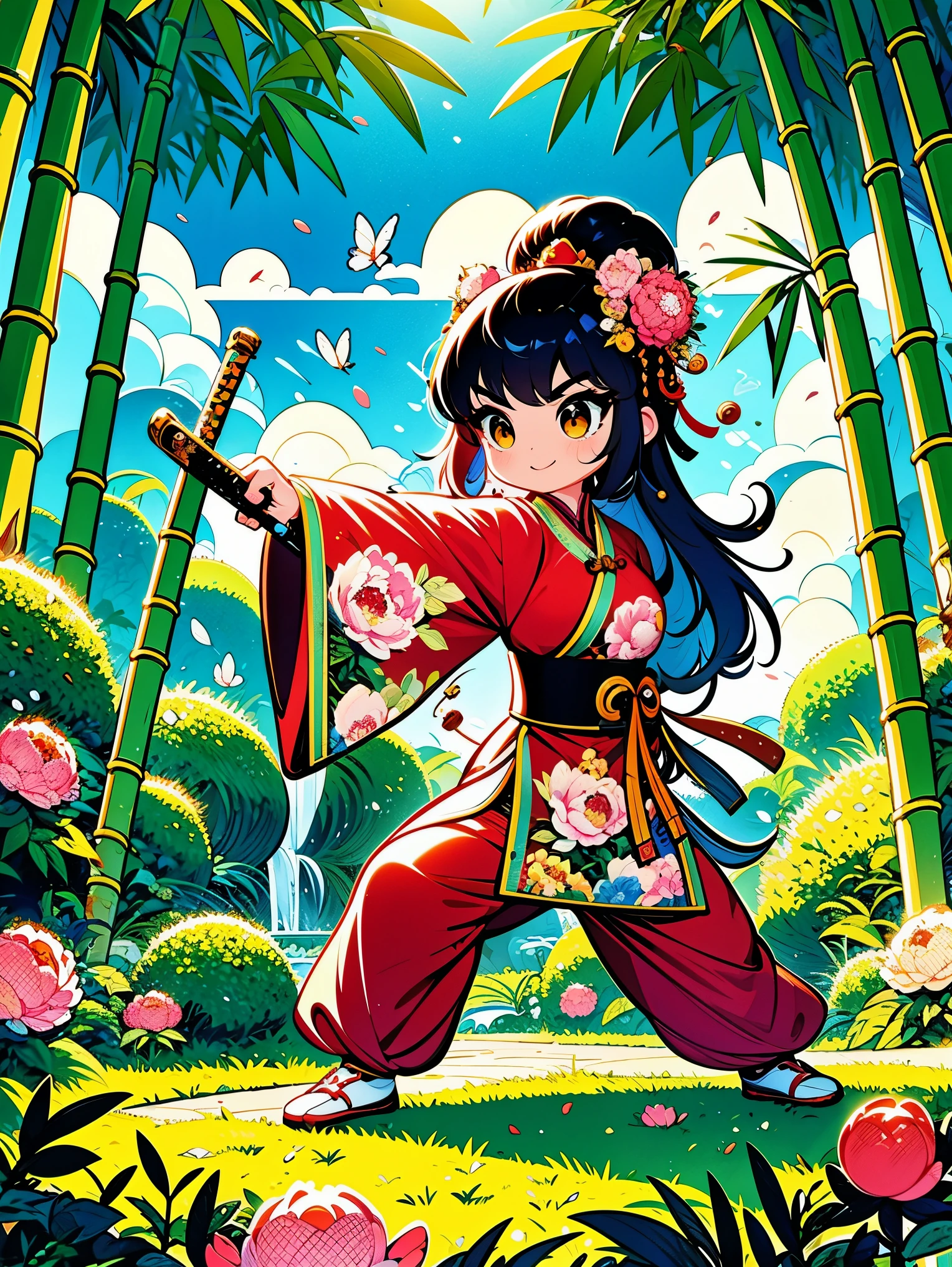 cute cartoon，中国martial arts，vector illustration，1 girl，bamboo forest，martial arts，The posture is full of vitality，Holding a long sword，The costumes are brightly colored，style traditional，Featuring peonies and waves，bamboo forest环境幽静，Lush，tall bamboo stalks，The sun shines dappled sunlight through the leaves，open space，driving range，(UHD, anatomically correct, masterpiece, ccurate, best quality, 8k), Vector martial arts illustration