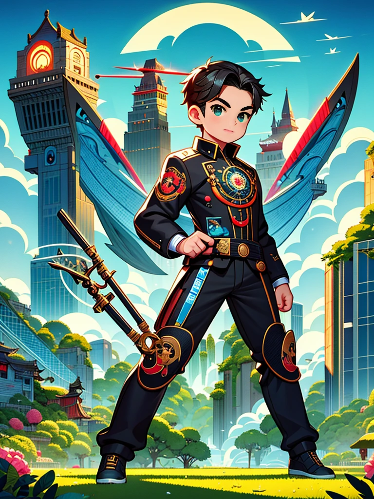 cute cartoon，Vector illustration，（A man in a stylish black suit:1.5），A futuristic agent equipped with exquisite weapons and equipment，The agent stood firm.，Be prepared，Showcasing a variety of high-tech equipment that is seamlessly integrated into the garments。The background should suggest a future urban landscape，Advanced technology and architecture visible。Agent&#39;s equipment includes innovative and advanced gadgets and weapons，Highlighting the advanced nature of the world they live in。The overall image should convey a sense of mystery、A sense of sophistication and cutting-edge technology，（ultra high definitiotomically correct，masterpiece，precise，best quality，8k), Vector martial arts illustration