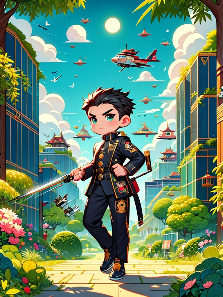 cute cartoon，Vector illustration，（A man in a stylish black suit:1.5），A futuristic agent equipped with exquisite weapons and equipment，The agent stood firm.，Be prepared，Showcasing a variety of high-tech equipment that is seamlessly integrated into the garments。The background should suggest a future urban landscape，Advanced technology and architecture visible。Agent&#39;s equipment includes innovative and advanced gadgets and weapons，Highlighting the advanced nature of the world they live in。The overall image should convey a sense of mystery、A sense of sophistication and cutting-edge technology，（ultra high definitiotomically correct，masterpiece，precise，best quality，8k), Vector martial arts illustration