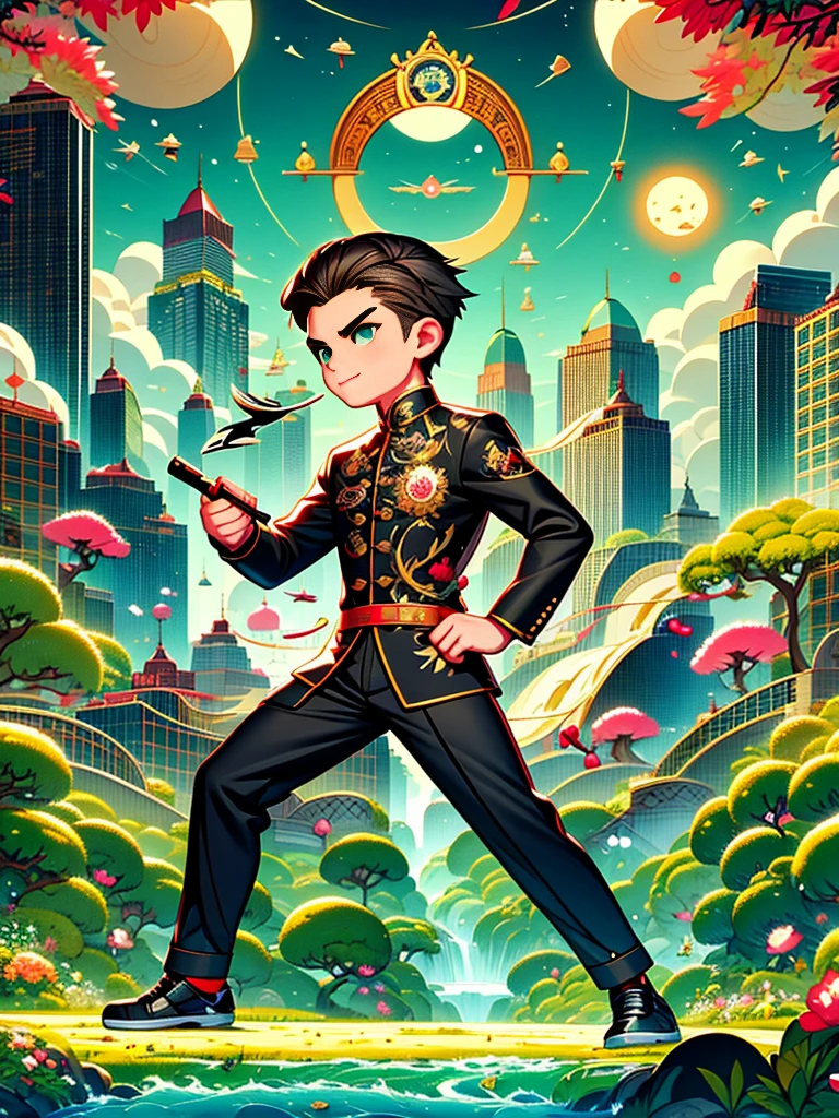 cute cartoon，Vector illustration，（A man in a stylish black suit:1.5），A futuristic agent equipped with exquisite weapons and equipment，The agent stood firm.，Be prepared，Showcasing a variety of high-tech equipment that is seamlessly integrated into the garments。The background should suggest a future urban landscape，Advanced technology and architecture visible。Agent&#39;s equipment includes innovative and advanced gadgets and weapons，Highlighting the advanced nature of the world they live in。The overall image should convey a sense of mystery、A sense of sophistication and cutting-edge technology，（ultra high definitiotomically correct，masterpiece，precise，best quality，8k), Vector martial arts illustration