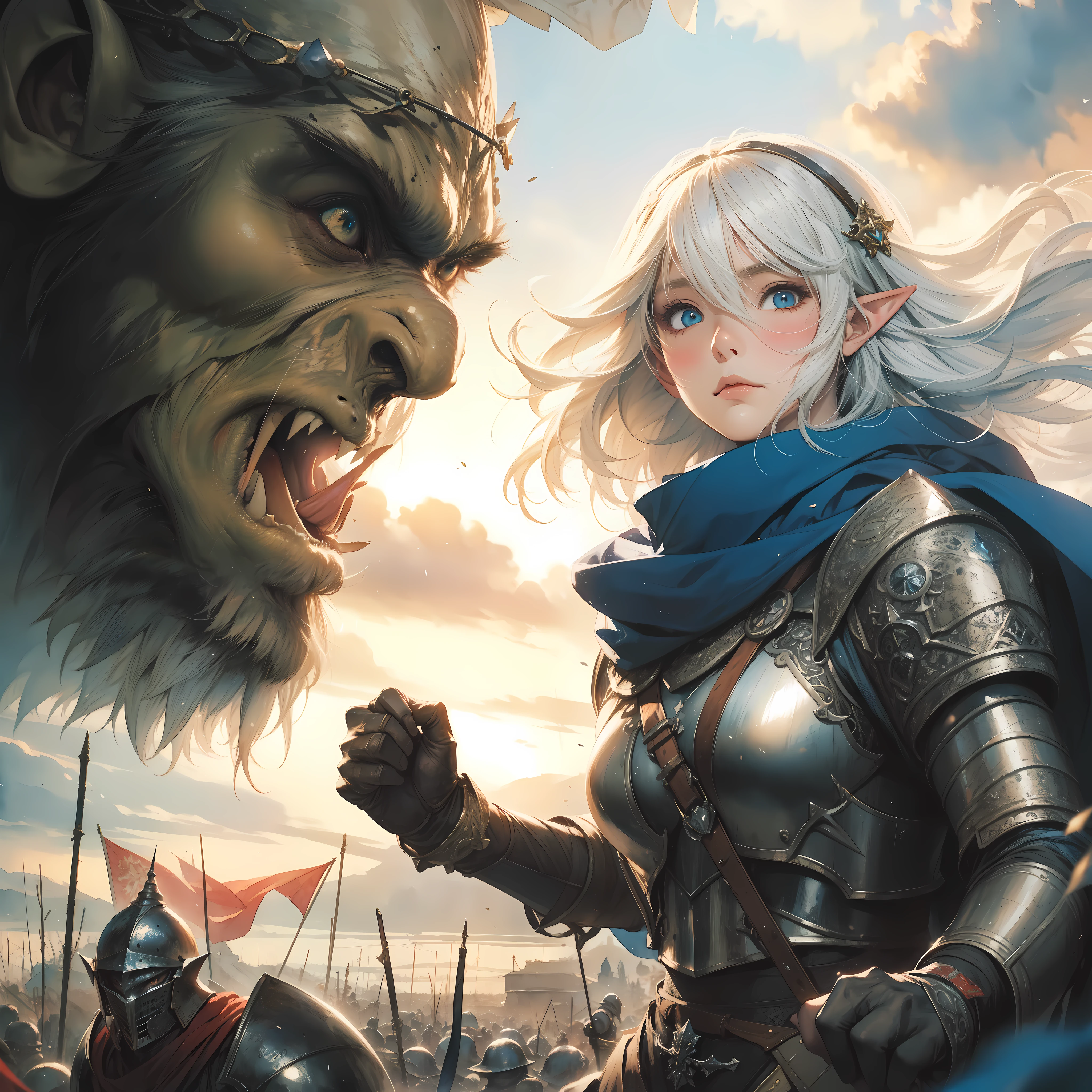 path an medium white haired elf female knight, detailed face, blue eyes, medium breast, against giants ogre, A warrior hailing from a distant land far from the comforts of civilization, cinematic dynamic Angle, Hayao Miyazaki, Mikimoto Haruhiko, frank frazetta, Cinematic Dramatic atmosphere, fantasy, 8k, watercolor painting