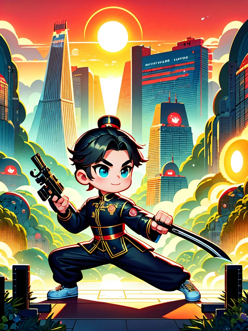 cute cartoon，Vector illustration，（A man in a stylish black suit:1.5），A futuristic agent equipped with exquisite weapons and equipment，The agent stood firm.，Be prepared，Showcasing a variety of high-tech equipment that is seamlessly integrated into the garments。The background should suggest a future urban landscape，Advanced technology and architecture visible。Agent&#39;s equipment includes innovative and advanced gadgets and weapons，Highlighting the advanced nature of the world they live in。The overall image should convey a sense of mystery、A sense of sophistication and cutting-edge technology，（ultra high definitiotomically correct，masterpiece，precise，best quality，8k), Vector martial arts illustration