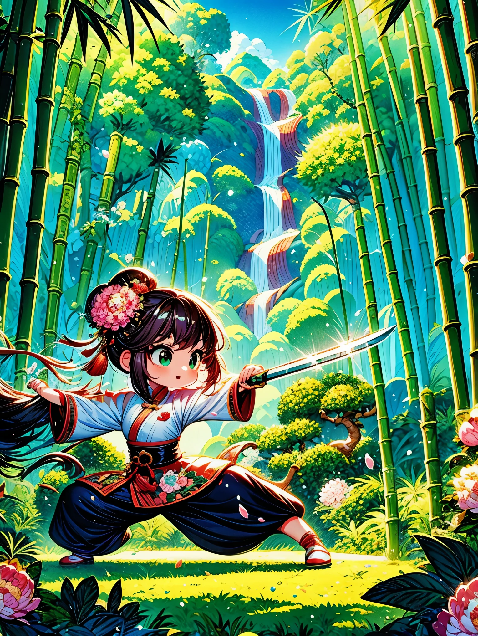 cute cartoon，中国martial arts，vector illustration，1 girl，bamboo forest，martial arts，The posture is full of vitality，Holding a long sword，The costumes are brightly colored，style traditional，Featuring peonies and waves，bamboo forest环境幽静，Lush，tall bamboo stalks，The sun shines dappled sunlight through the leaves，open space，driving range，(UHD, anatomically correct, masterpiece, ccurate, best quality, 8k), Vector martial arts illustration