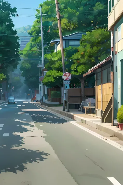 There is a street painting with traffic lights and stone walls, anime scene, Makoto Shinkai's style, Anime landscapes, Makoto Sh...