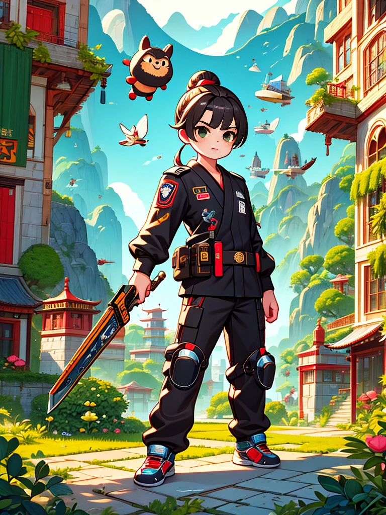 cute cartoon，Vector illustration，（A Special Agent wearing a stylish black suit:1.5），A futuristic agent equipped with exquisite weapons and equipment，The agent stood firm.，Be prepared，Showcasing a variety of high-tech equipment that is seamlessly integrated into the garments。The background should suggest a future urban landscape，Advanced technology and architecture visible。Agent&#39;s equipment includes innovative and advanced gadgets and weapons，Highlighting the advanced nature of the world they live in。The overall image should convey a sense of mystery、A sense of sophistication and cutting-edge technology，（ultra high definitiotomically correct，masterpiece，precise，best quality，8k), Vector martial arts illustration