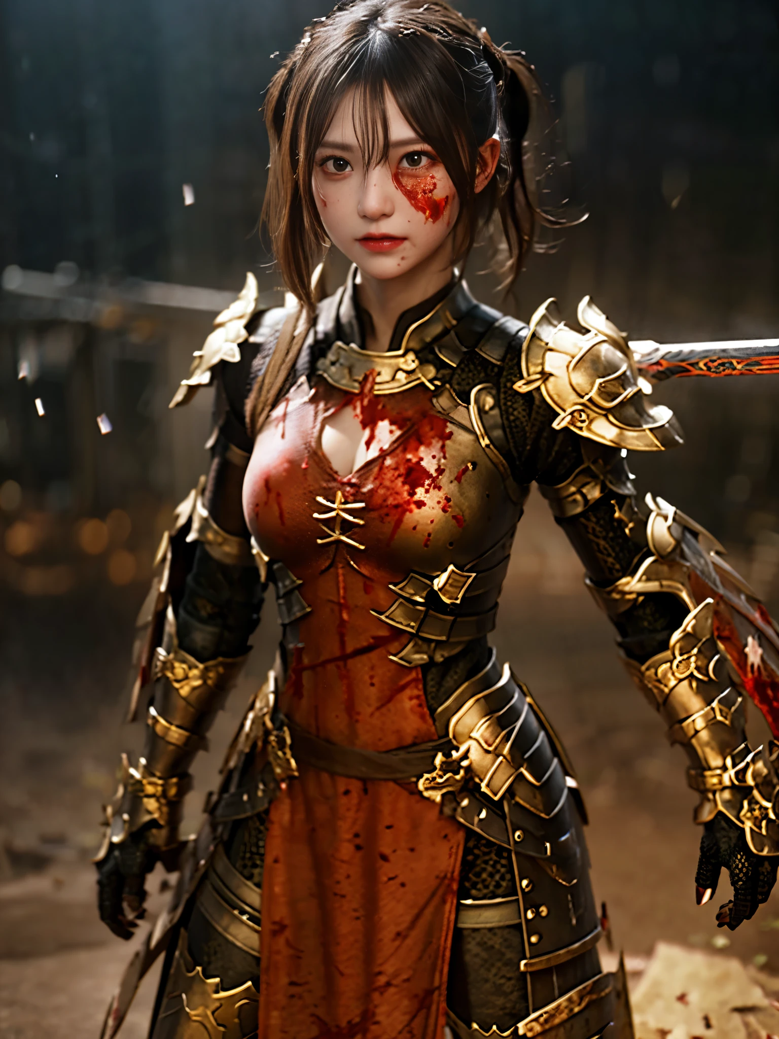 (((high-detail, ​masterpiece, Attention to detail, crisp detail, sharp image, high definition image, 8k, realistic, beautiful, full body photograph))), perfect studio lightning, 18 years old, delightful face,  ideal body, virgin, long smooth straight hair, tied behind, large breast, random expression, wearing japan heavy armor, full decorated armor, full body armor, Unreal Engine Art Trend, swinging japan sword, sword attacking pose, sweating, blood stained face, blood scattered armor, bloodbath, fire everywhere, epic battle, death background, battleground, carnage, war zone, japan bakumatsu