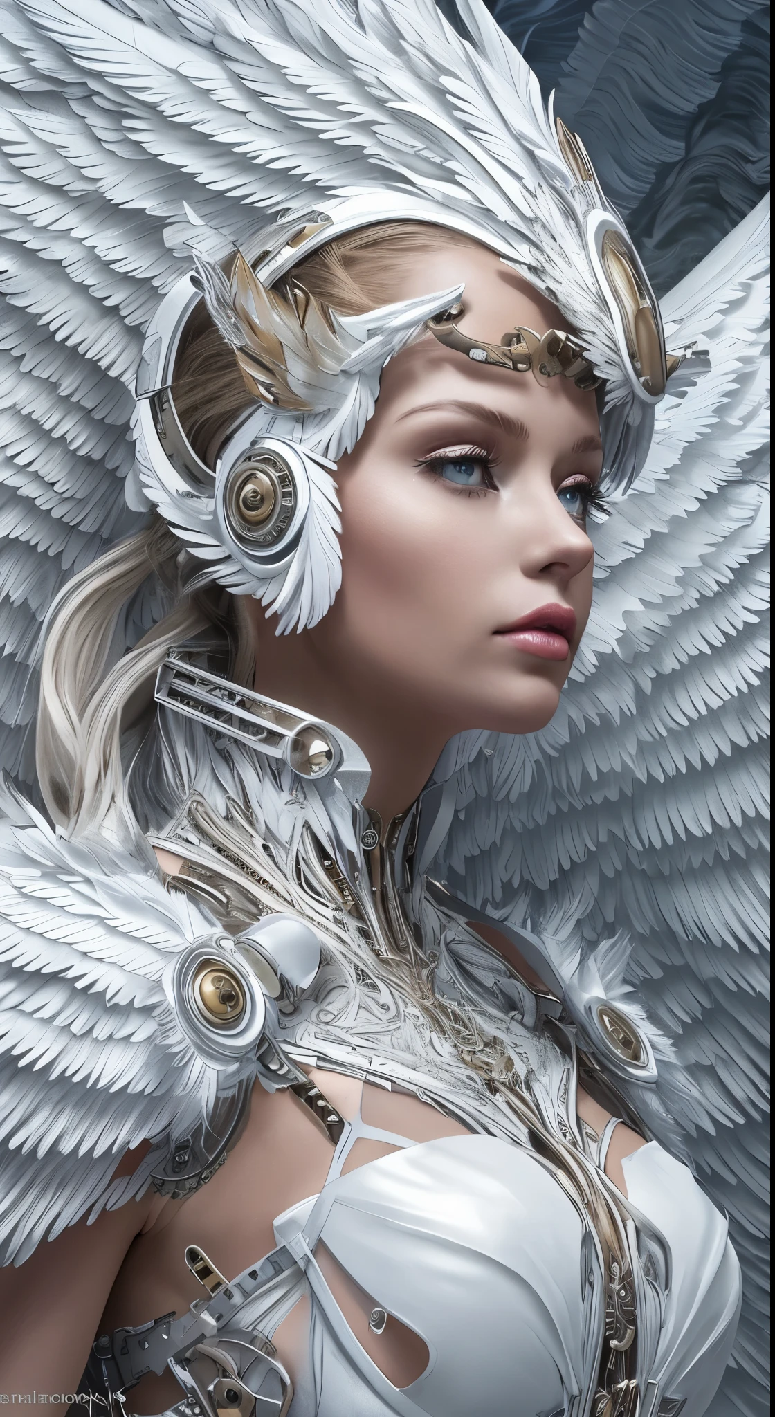 Close-up of a woman in a white dress with wings, full body angel, futuristic robot angel, amazing angel wings, angel knight gothic girl, angel in plastic armor, intricate costume designs, As a mysterious Valkyrie, The whole body is made of white feathers,, futuristic and fantastic, white wings, beautiful angel wings, steampunk angel, beautiful cyborg angel girl, graceful wings