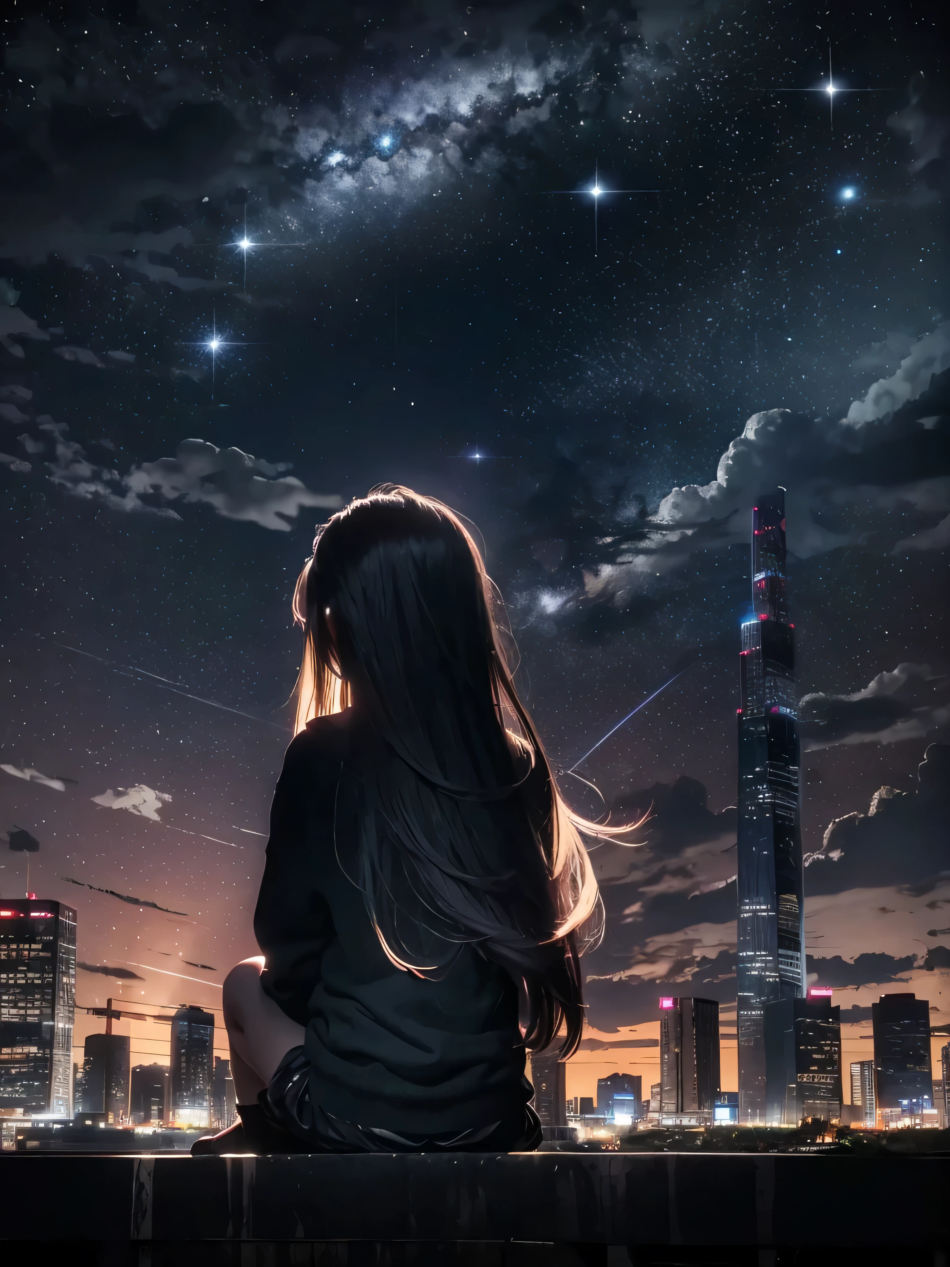 RAW image quality:1.4, null, star (null), scenery, starry null, night, 1 girl, night null, alone, outdoors, building, cloud, milky way, sitting, wood, long hair, city, silhouette, cityscape