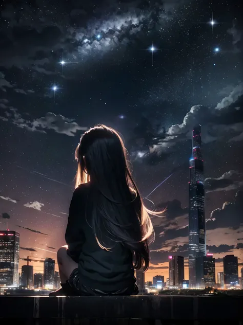 RAW image quality:1.4, null, star (null), scenery, starry null, night, 1 girl, night null, alone, outdoors, building, cloud, mil...