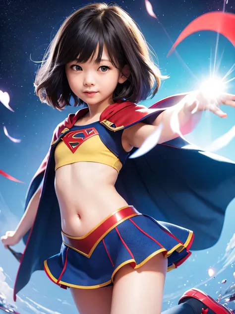 A very elementary school student is wearing Supergirl clotheasterpiece of realistic painting、highest quality、Spreading black hai...