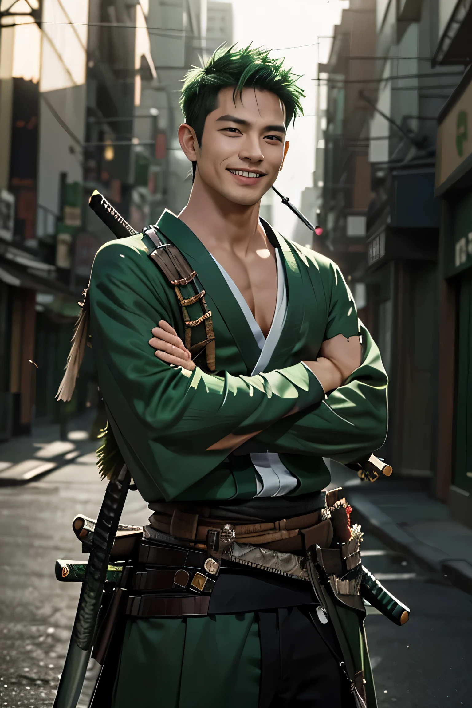 Realistic photo, masterpiece, cinematic, high quality, cowboy shot, solo, male focus, green hair, 1boy, roronoa zoro, scar, muscular male, grin, looking at viewer, (dual wielding:1.2) katanas, crossed arms, japanese clothes, green kimono