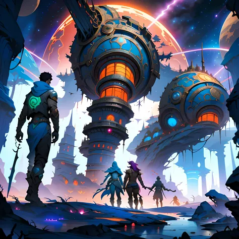 A wallpaper written "Numenera: The Knife's Edge:" with just 5 characters, 3 men and 2 women, dressed in futuristic clothes diffe...