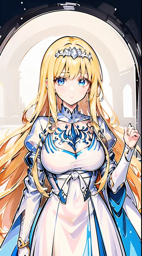 "Inside the holy palace, there is a radiant milf with flowing blonde hair. exuding an ethereal aura, 1girl, Calca, blonde hair, extremely long hair, white tiara, tiara on her head, white dress, blue eyes, medium breasts