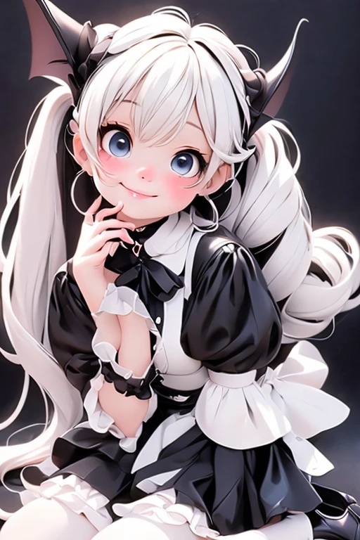 masterpiece, best quality, a cute girl smiling, long hair, (white skin:1.6), red smokey eyes makeup, crop shirt, short puffy sleeves, mini skirt, earrings, big_black_bat_wings, goat _horn_on_head, choke, (white pantyhose), ((Lolita shoes)), ((patent leather PUMPS)), laying, from below, footwear focus, (((clothes tug))), ultrarealistic, cute digital painting, cute digital art, realistic cute girl painting, cute detailed digital art, cute cartoon characters, beautiful character painting, cute characters, cute anime girl, cute cartoon, kawaii realistic portrait, digital cartoon painting art, cartoon cute, cute portrait, render a cute 3D anime girl, kawaii realistic portrait, anime moe art style, drawn in an anime artist studio, sitting on the ground, high - end fashion photoshoot, 