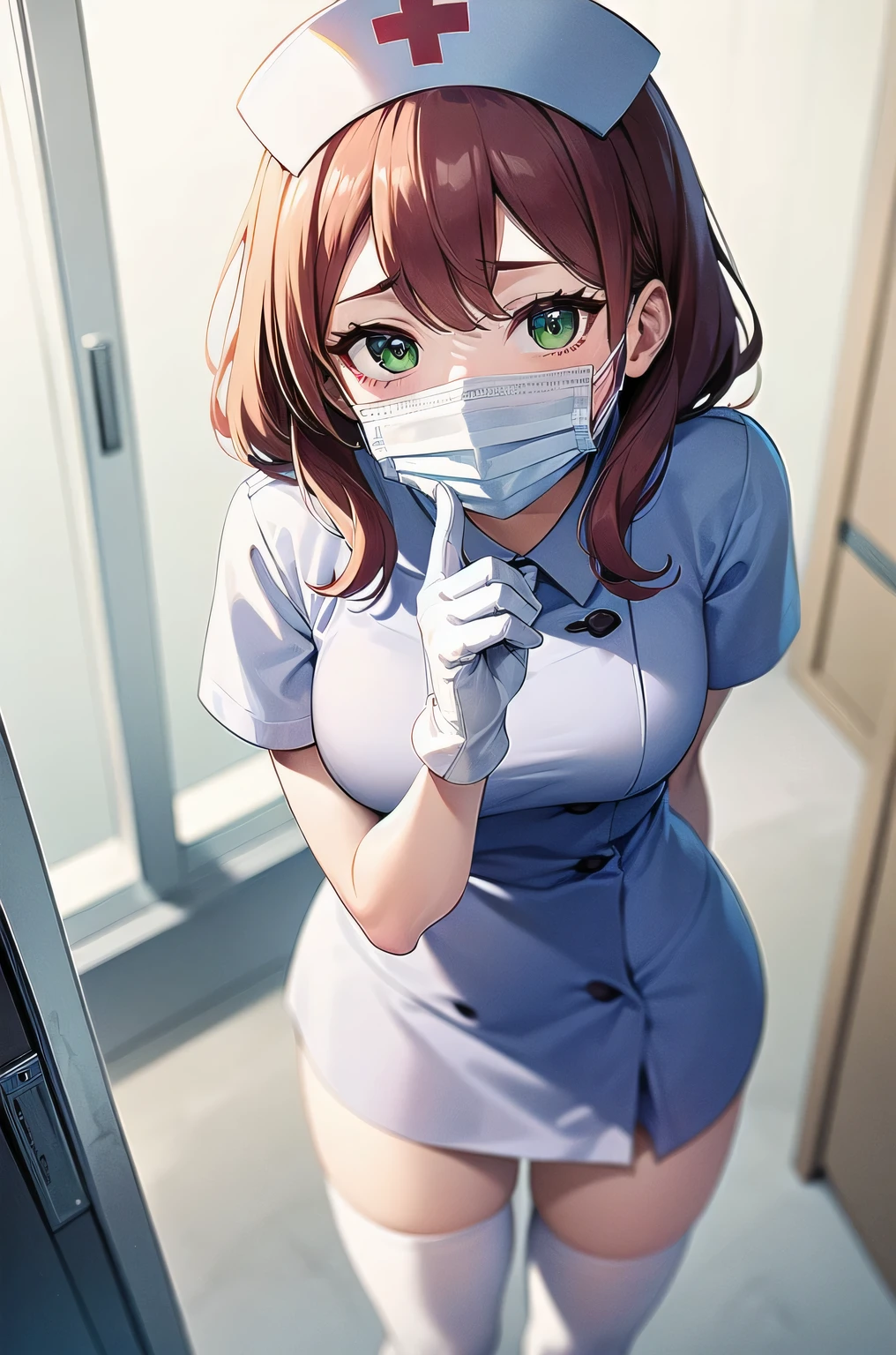 1 girl, alone, nurse, nurse cap, white clothes, ((white legwear, zettai ryouiki)), white gloves, pink hair, green eyes, droopy eyes, ((white surgical mask, covered nose)), Are standing, ((hospital room)), sharp outline, short sleeve, highest quality, masterpiece