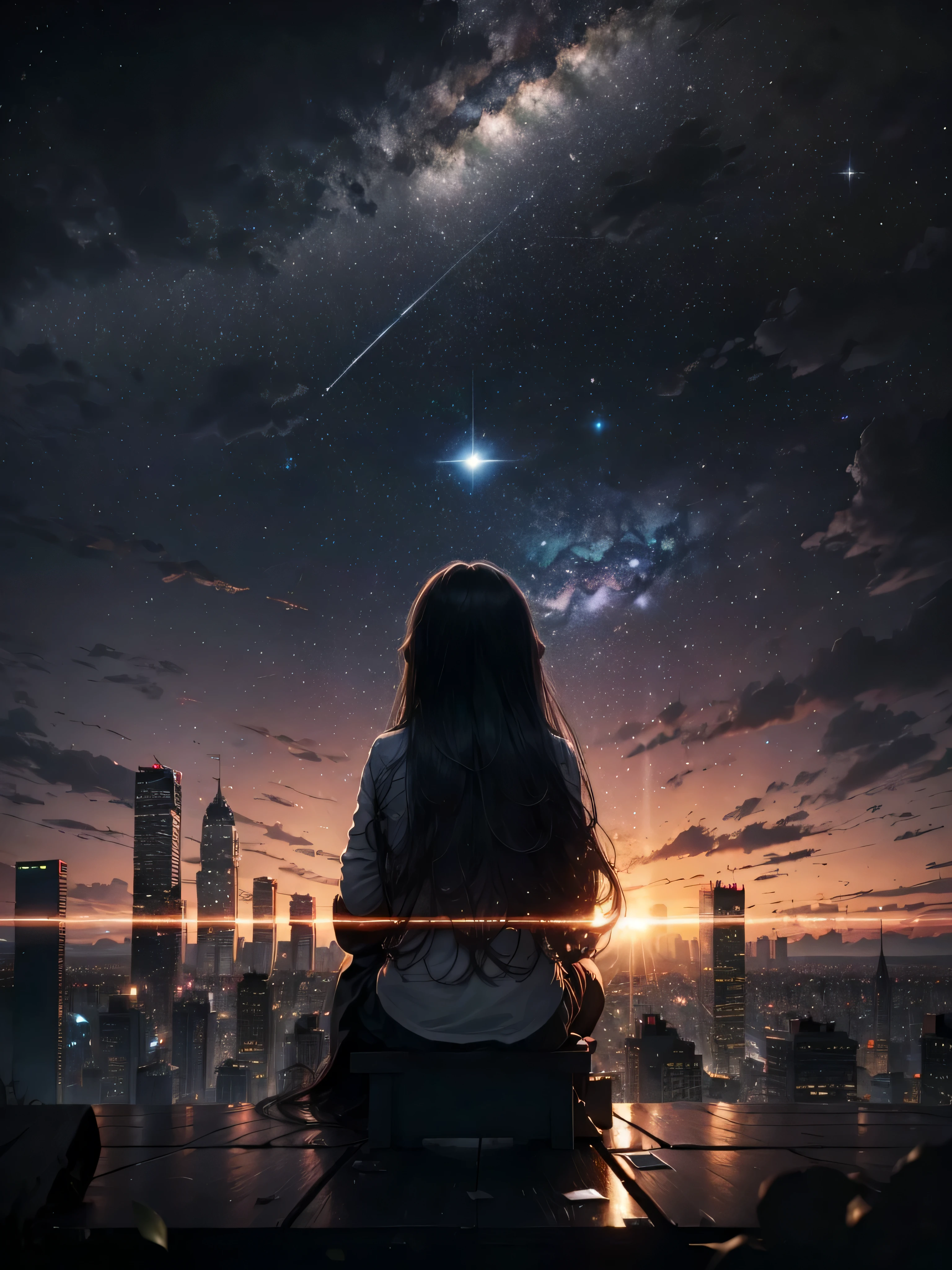 ((RAW image quality:1.4)), null, star (null), scenery, starry null, night, 1 girl, night null, alone, outdoors, building, cloud, milky way, sitting, wood, long hair, city, silhouette, cityscape