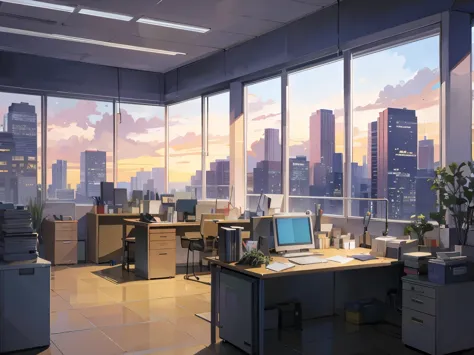 office SCENARIO, office, anime style, High resolution, masterpiece, Nobody is here, scenario, ((At night))
