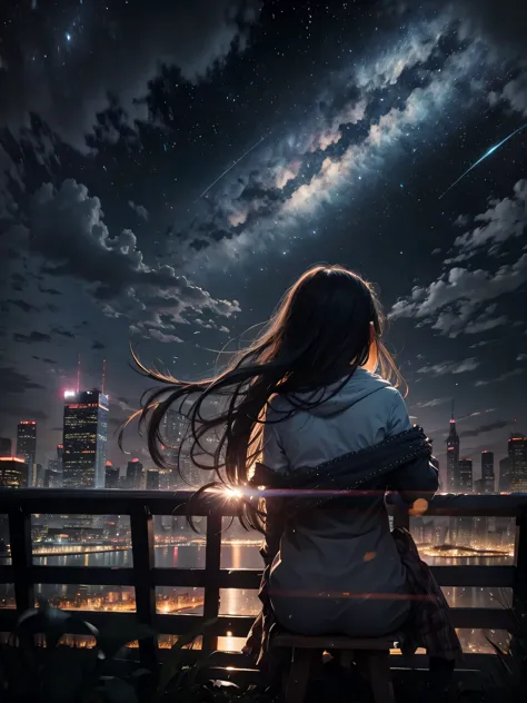 ((RAW image quality:1.4)), null, star (null), scenery, starry null, night, 1 girl, night null, alone, outdoors, building, cloud,...