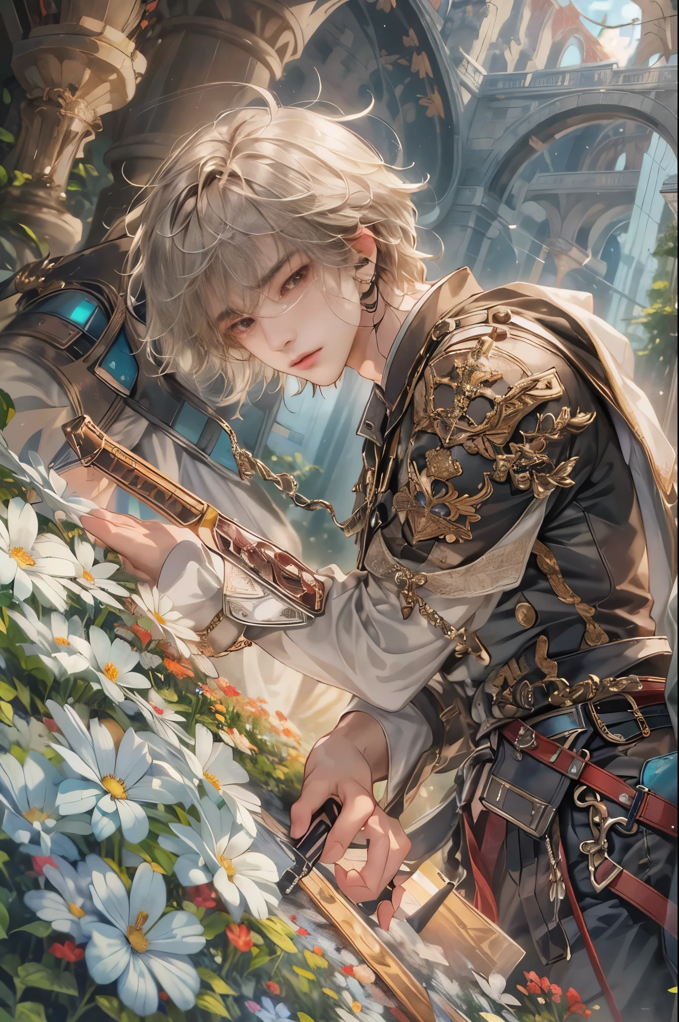 (absurdesten, highres, Extrem detailliert, HDR), Meisterwerk, komplizierte Details,Bild in bester Qualität einer Figur aus Valkyrie Elysium, hübscher Teenager mit kurzen Haaren, Anime-Augen, Komplizierte Details im Gesicht, in einer detaillierten Außengarten-Heiligtumslandschaft, detaillierter Charakter, Kunst Kenouji